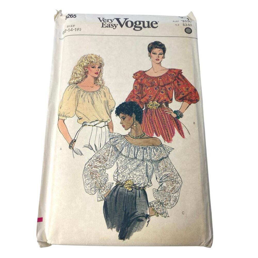 VTG 80s Vogue 8265 Cottagecore Off Shoulder Blouse Pattern Sz 12-16 UC FF OOP